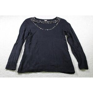 Reba Sweater Womens Small Black Long Sleeve Beaded Neck Pullover Lightweight Top